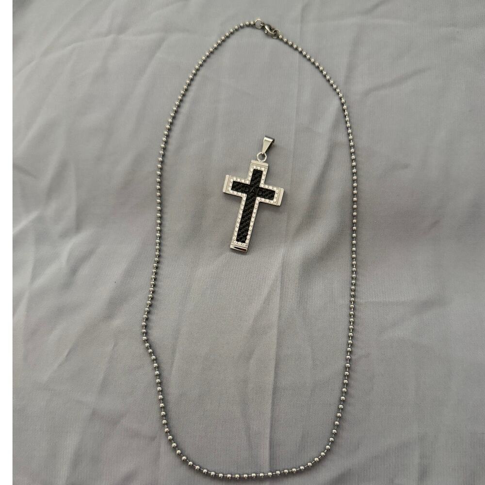 Chisel Stainless Steel Black & Silver CZ Cross Necklace